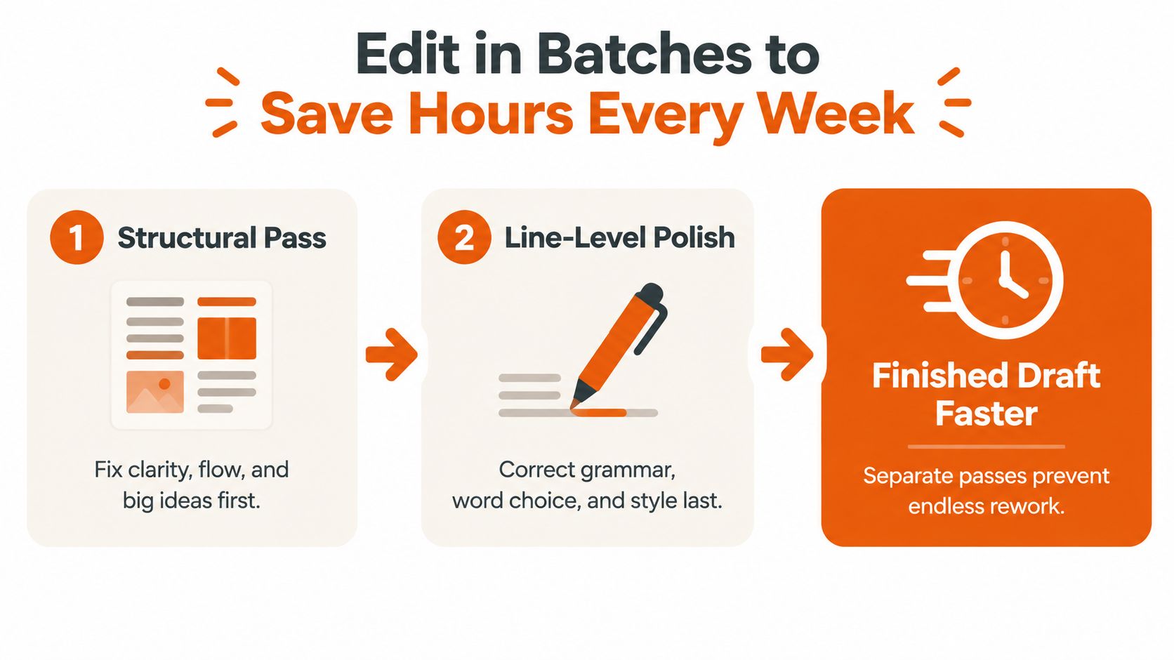 A process flow chart illustrating how batch editing improves writing efficiency by separating structural and line-level editing passes.