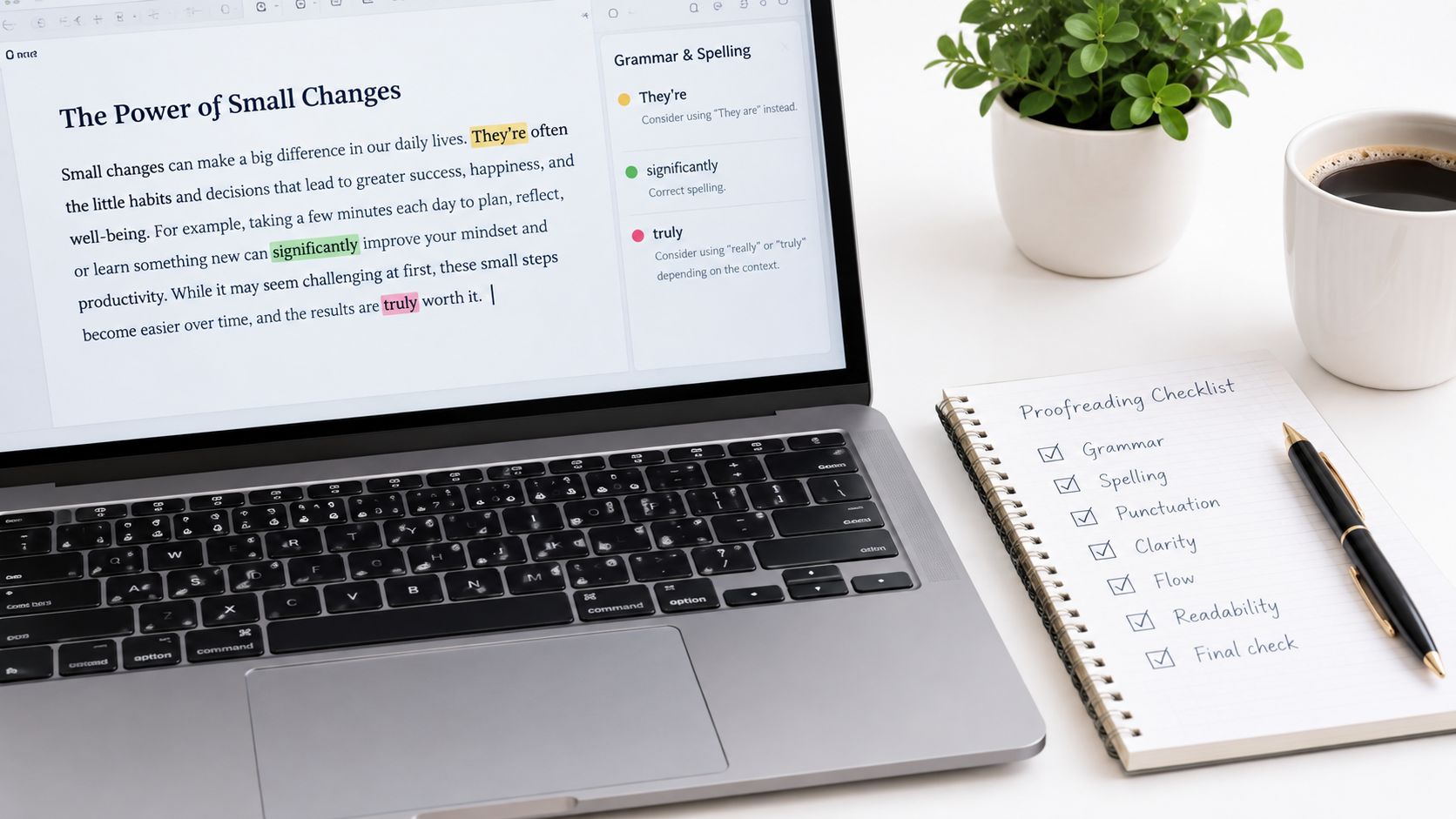 A laptop showing editing software with a grammar checklist and a coffee cup on a desk.