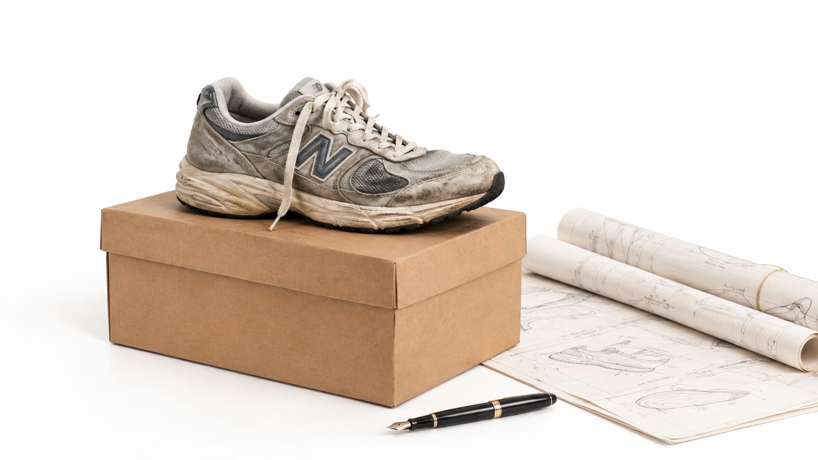 A worn New Balance sneaker sitting atop a cardboard shoebox next to technical design sketches and a pen.