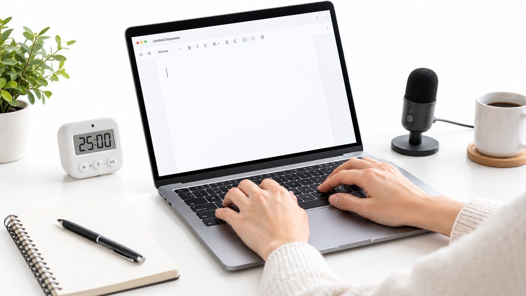 A person typing on a laptop screen showing a blank document at a clean home workspace.