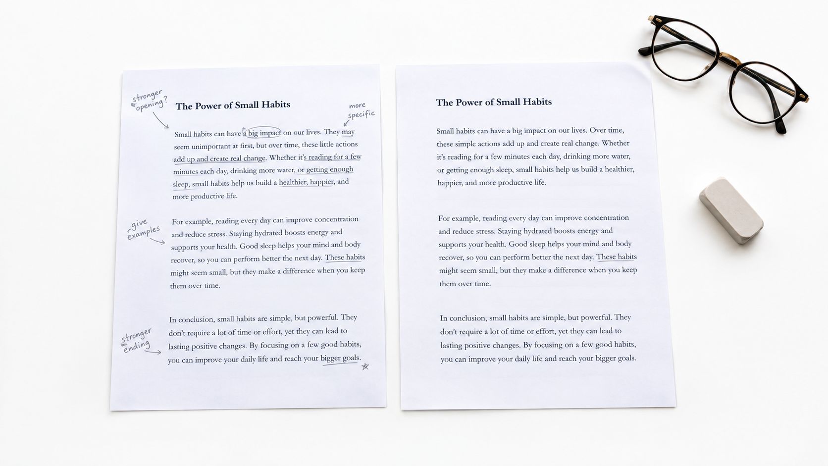 Two printed pages about the power of small habits placed next to glasses and an eraser.