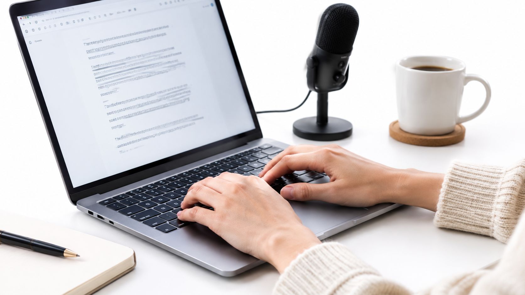 A person writing on a laptop with a microphone and coffee cup nearby on a white desk.
