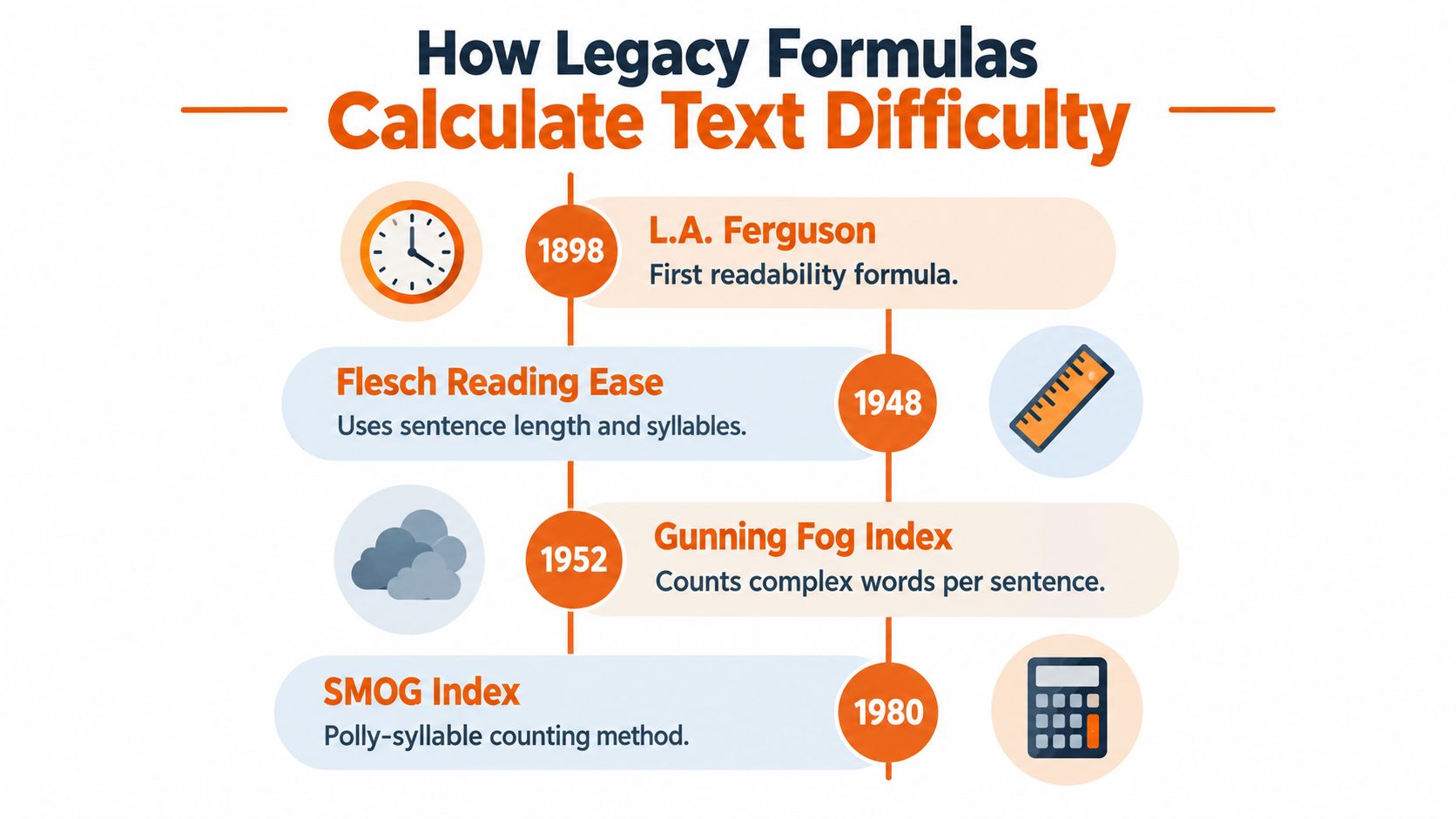 A timeline graphic illustrating the historical development of various readability formulas for measuring text difficulty.