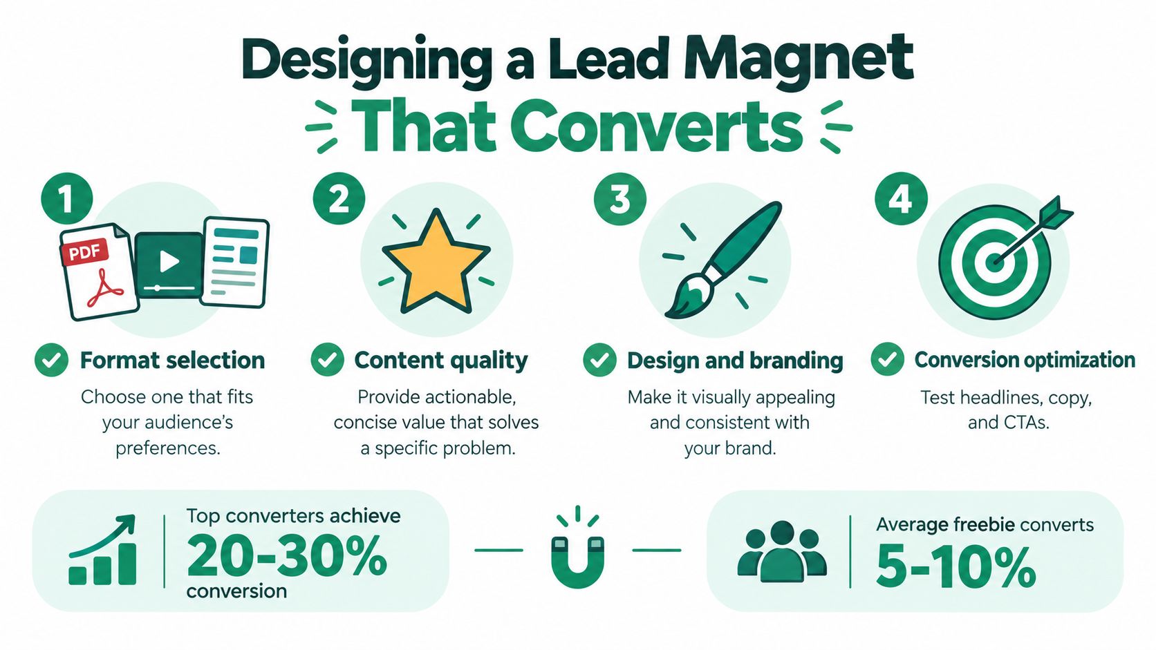 An infographic showing four steps to design a high-converting lead magnet for building an email list.