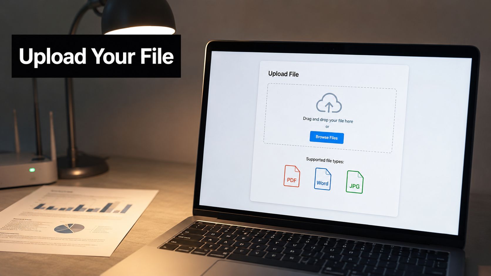 A laptop on a desk showing an online file upload interface for document submission.