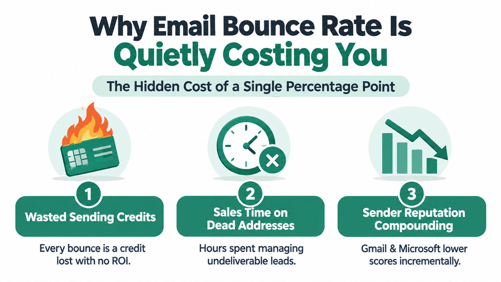 An infographic showing three hidden costs of high email bounce rates including wasted credits and reputation damage.