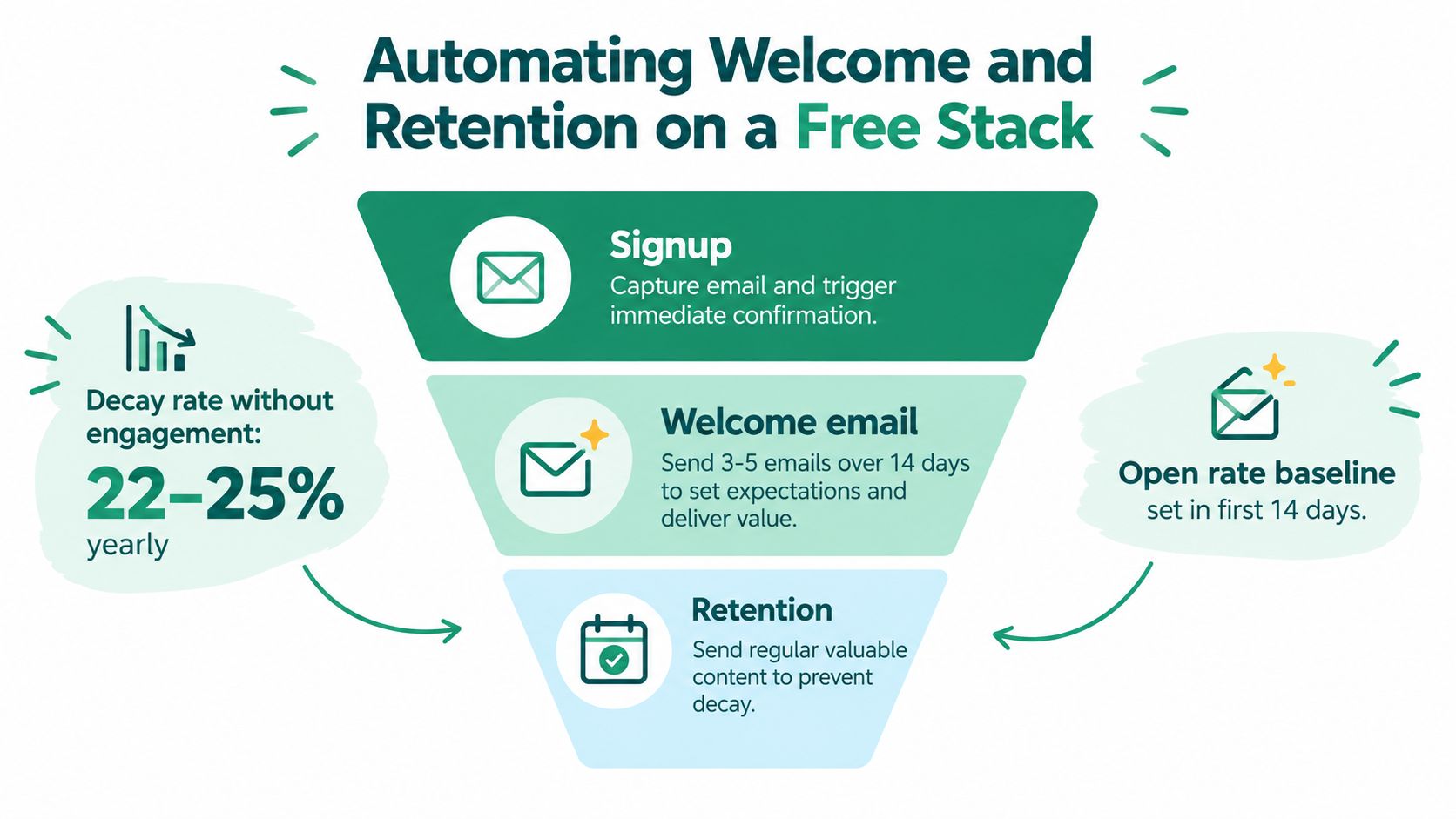 A funnel diagram illustrating automated welcome and retention strategies for building an effective email list.