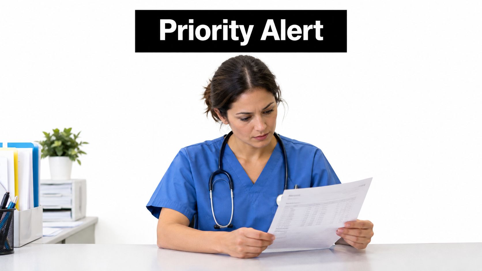 A focused nurse in blue scrubs reviewing medical documents at a desk in a clinic office.