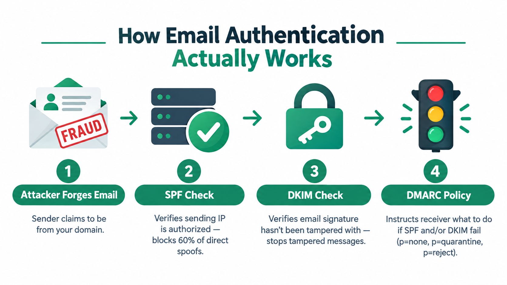 A diagram illustrating the four steps of email authentication including SPF, DKIM, and DMARC verification processes.