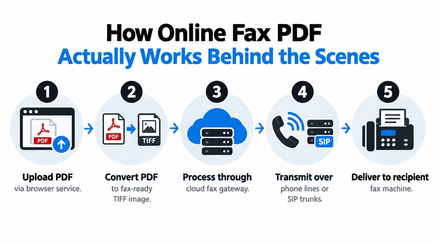 A five-step infographic showing how an online PDF is converted and sent to a physical fax machine.