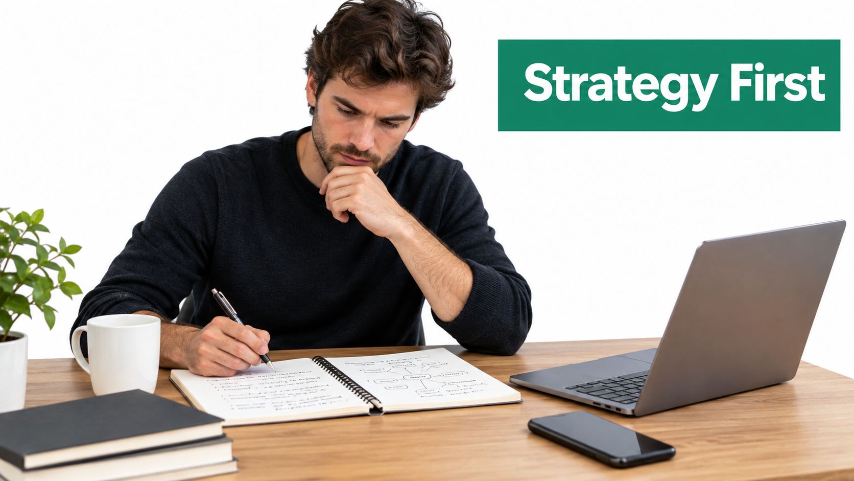 A focused man writing notes in a spiral notebook while sitting at a desk with a laptop.