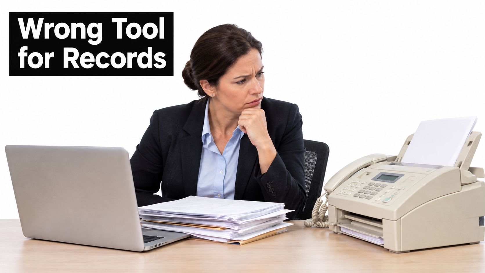 A businesswoman appearing frustrated while sitting at a desk with a laptop and an old fax machine.