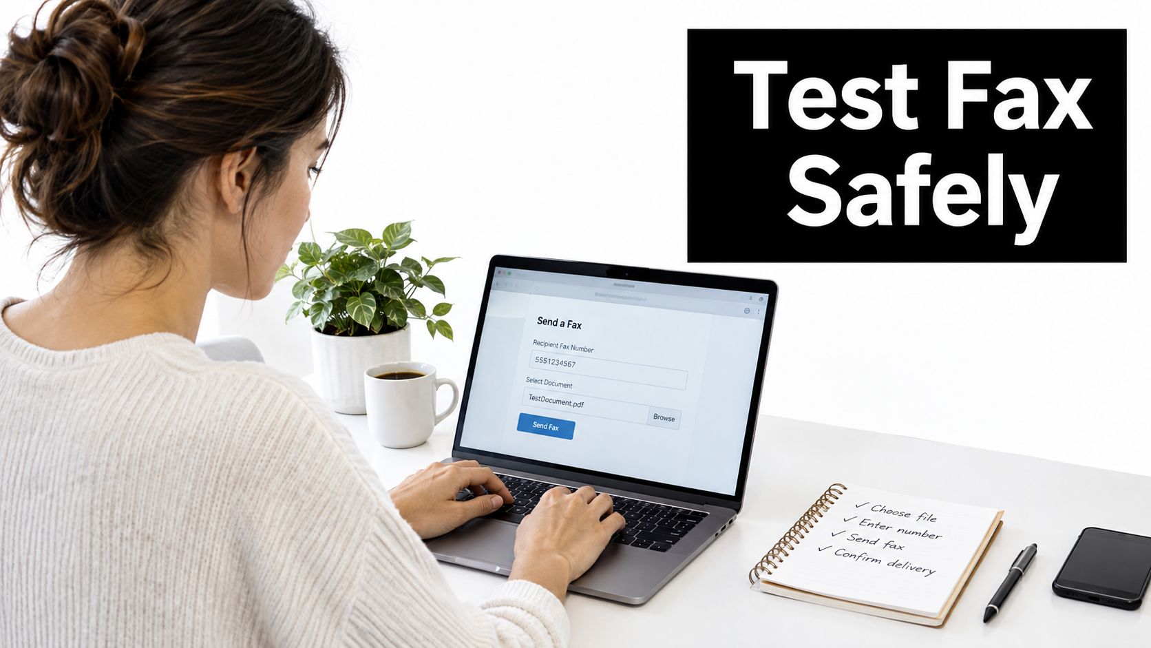 A woman working on a laptop with a digital form to send a test fax safely online.