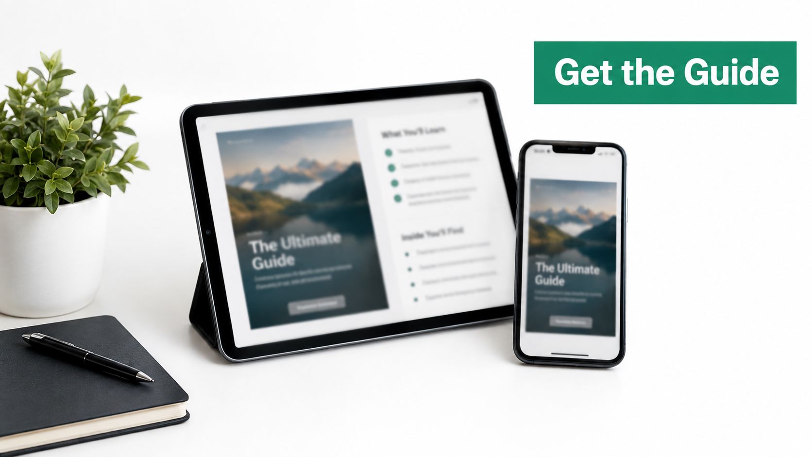 A tablet and smartphone displaying an email list building guide next to a plant and notebook.