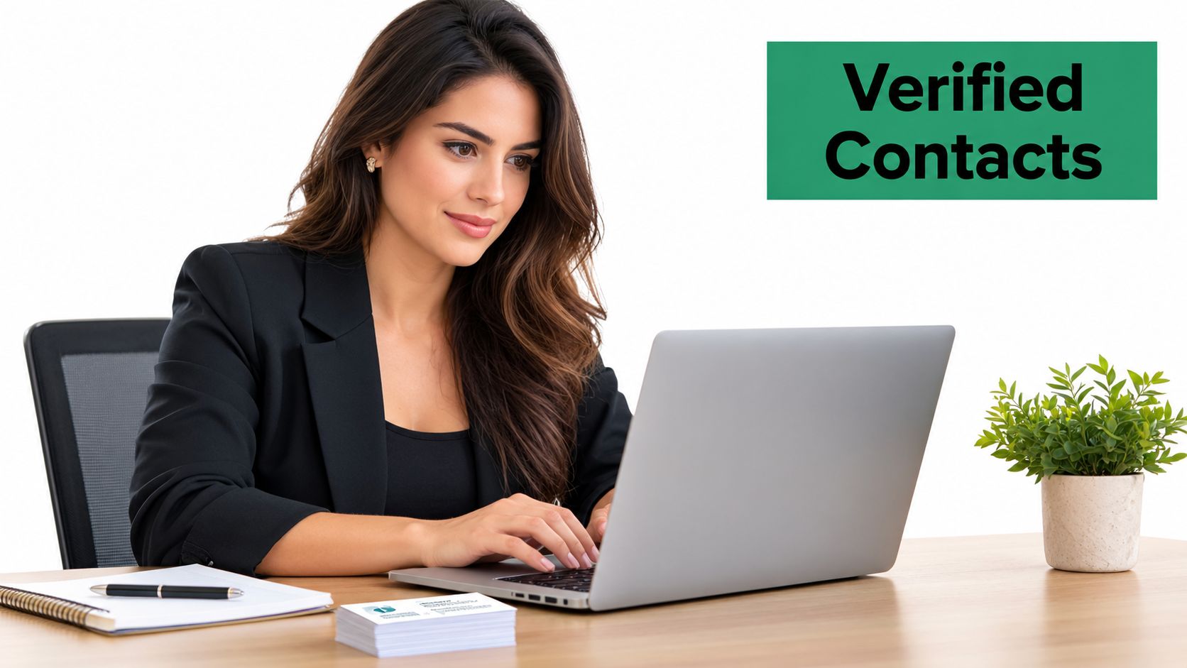 A professional woman in a black blazer working on a laptop at a desk, indicating verified business contacts.