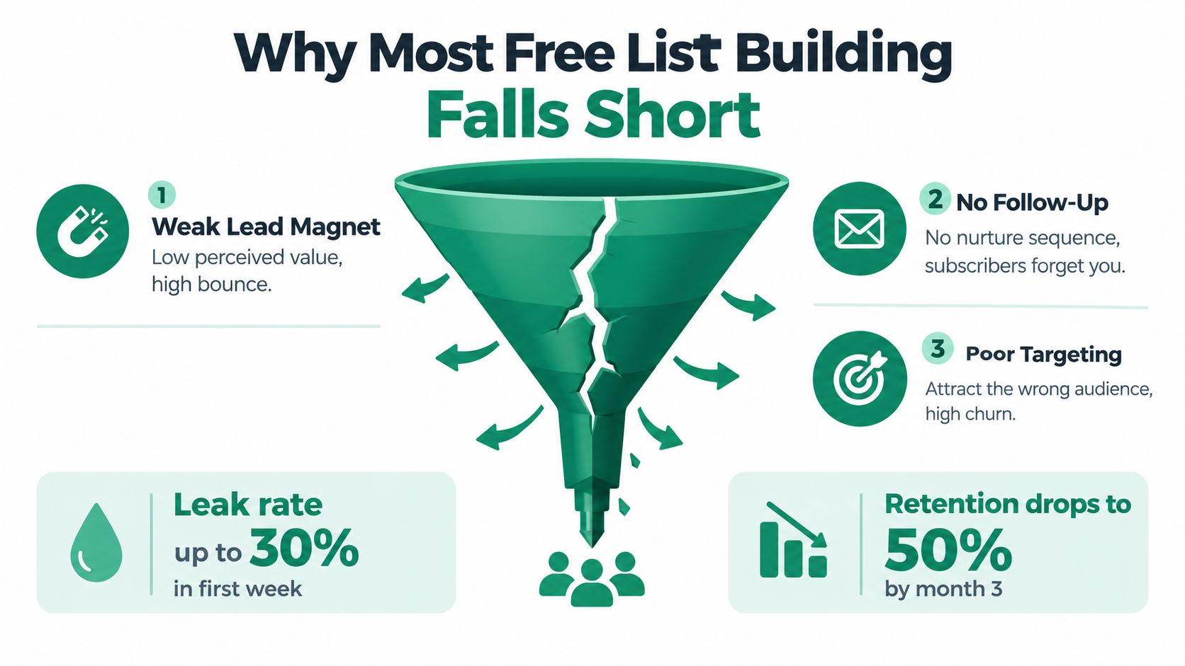 An infographic illustrating why free email list building efforts often fail due to leaks in the funnel.