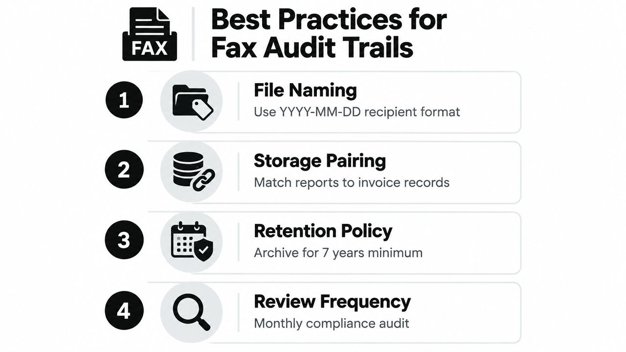 An infographic showing four best practices for managing fax audit trails, including naming, storage, retention, and review.