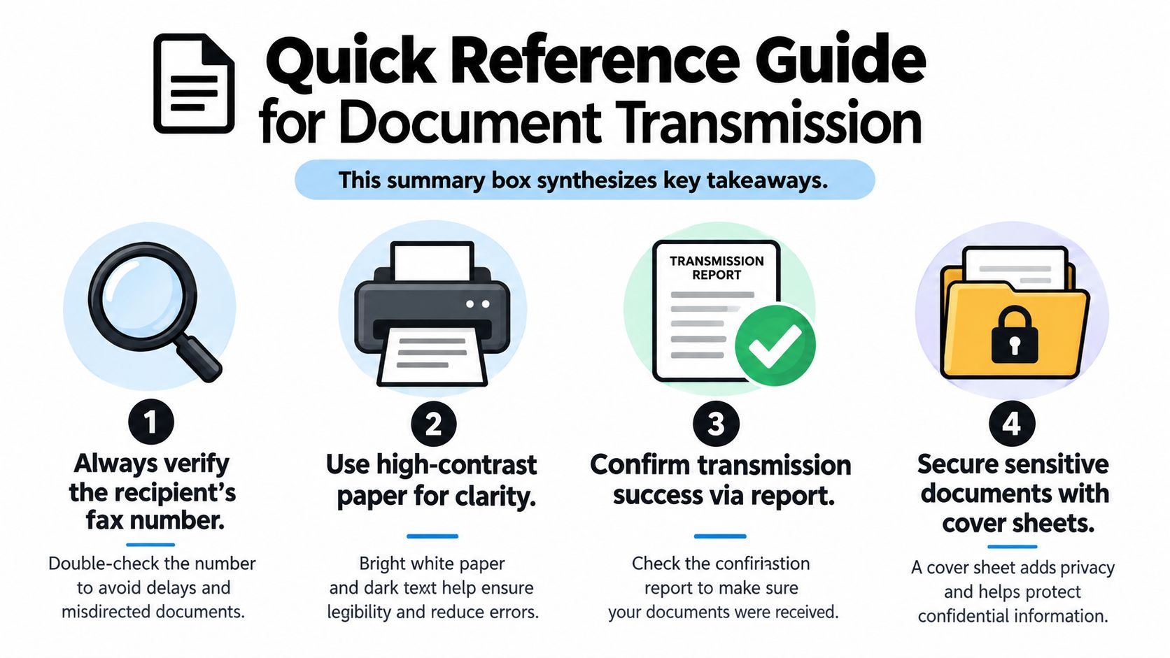 A quick reference guide infographic with four steps for securely and accurately sending fax documents.