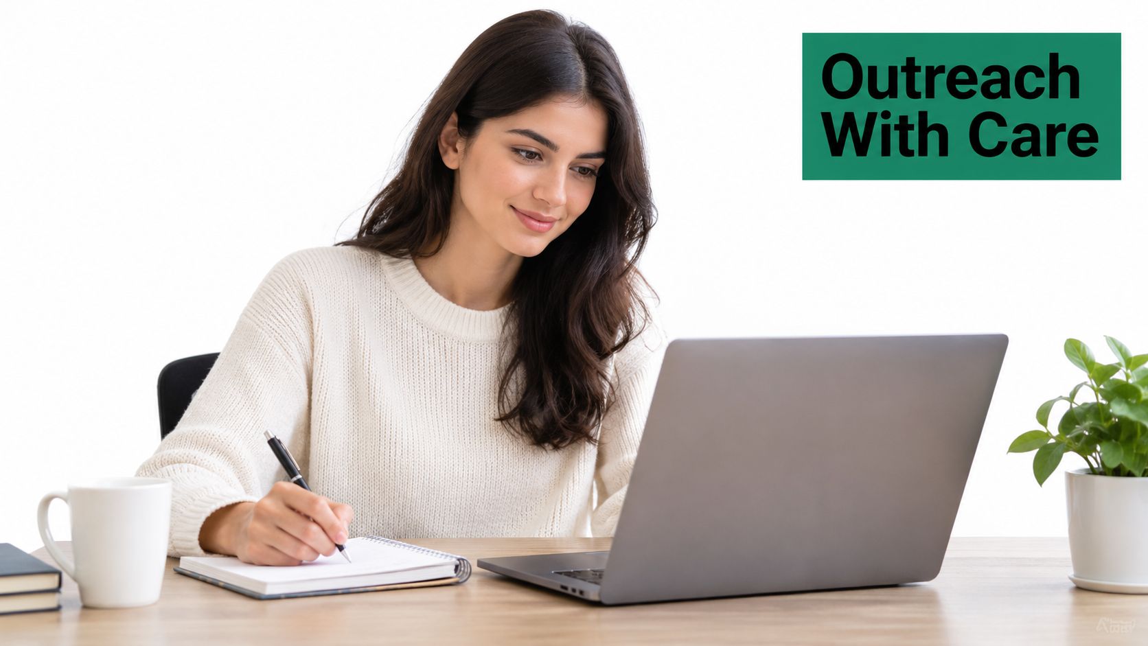 A woman working on a laptop at a desk while taking notes in a spiral notebook.