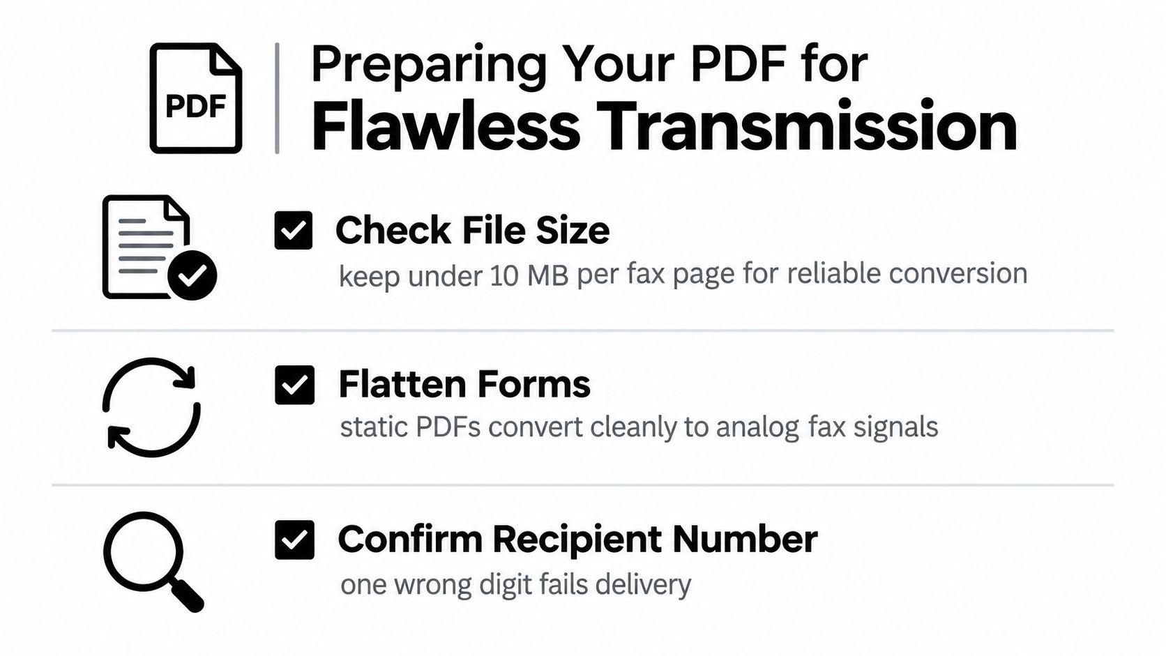 An infographic titled Preparing Your PDF for Flawless Transmission, listing three tips for successful faxing.