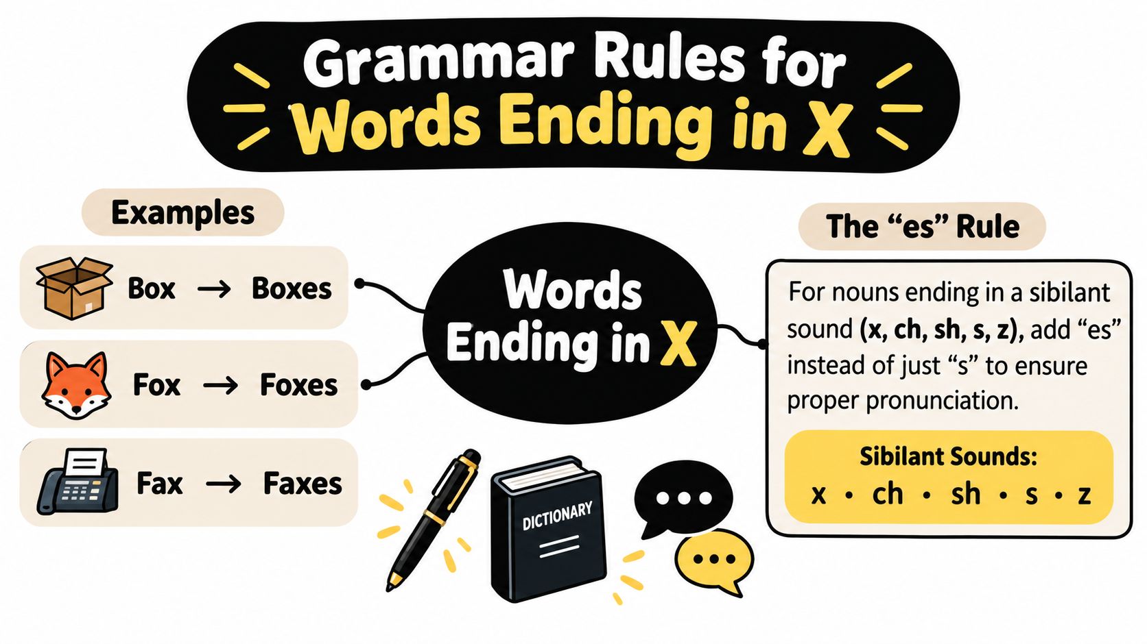 An educational poster explaining the grammar rule for making nouns ending in X plural by adding es.