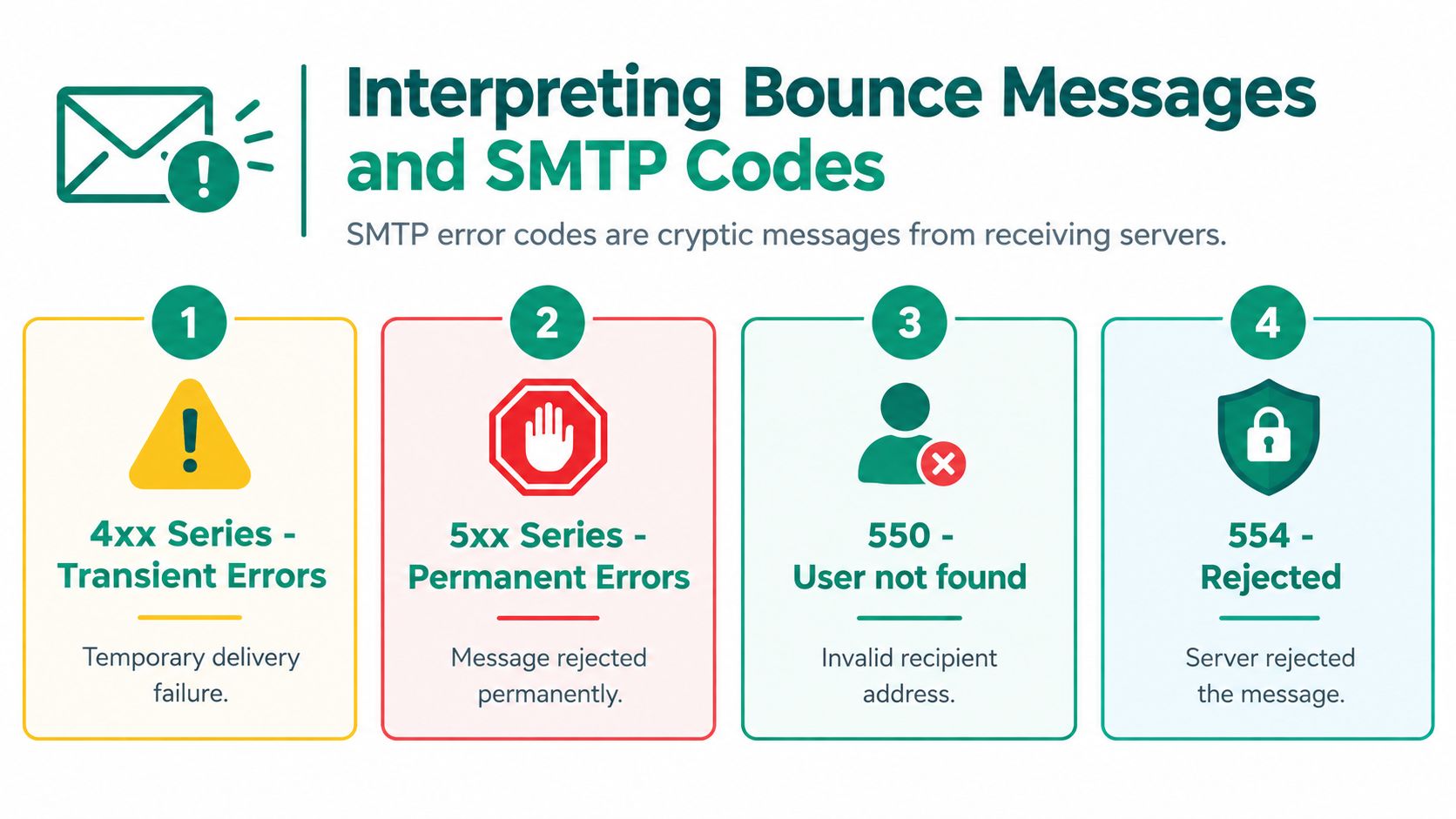 An infographic explaining SMTP bounce messages, classifying errors into transient, permanent, invalid addresses, and rejected messages.