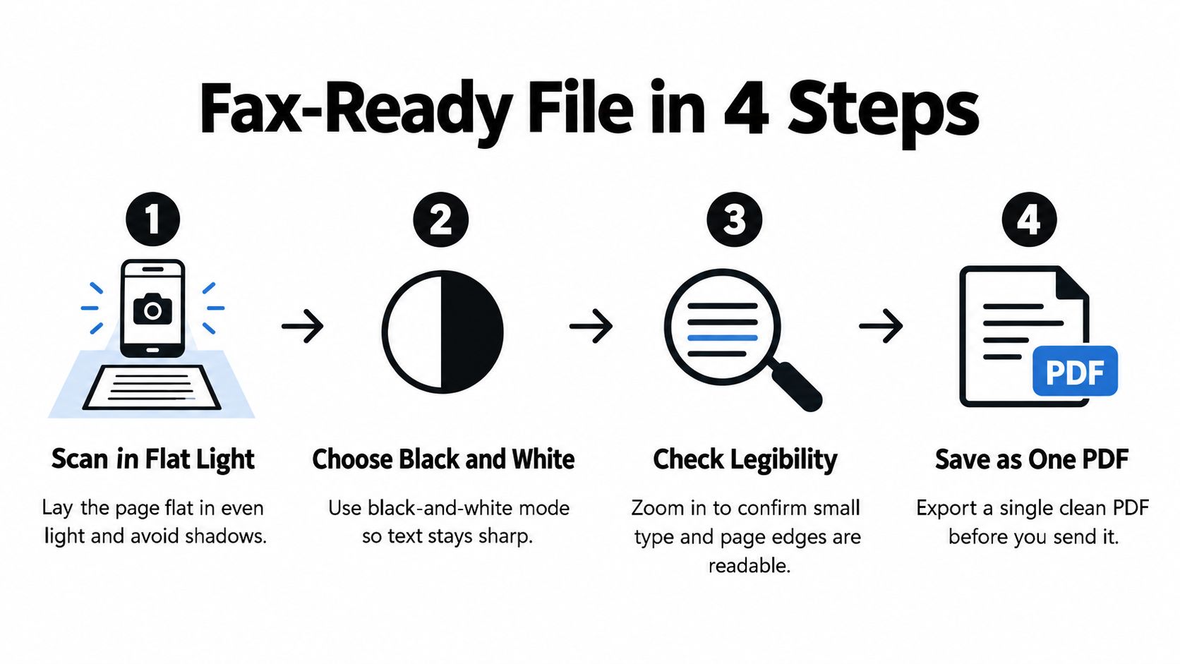 A four-step infographic showing how to create a clear, fax-ready document using a smartphone camera.