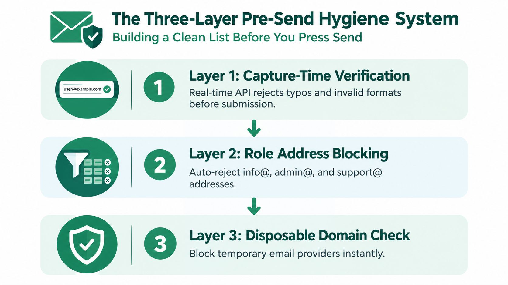 A diagram illustrating a three-layer pre-send hygiene system to ensure a clean email marketing list.