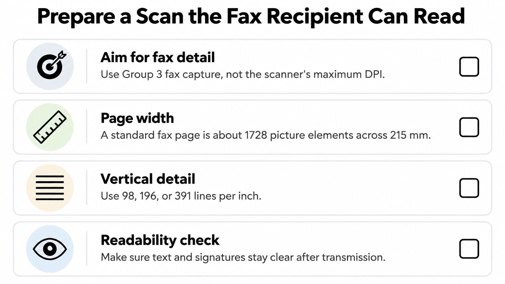 An infographic titled Prepare a Scan the Fax Recipient Can Read, listing four tips for quality faxing.