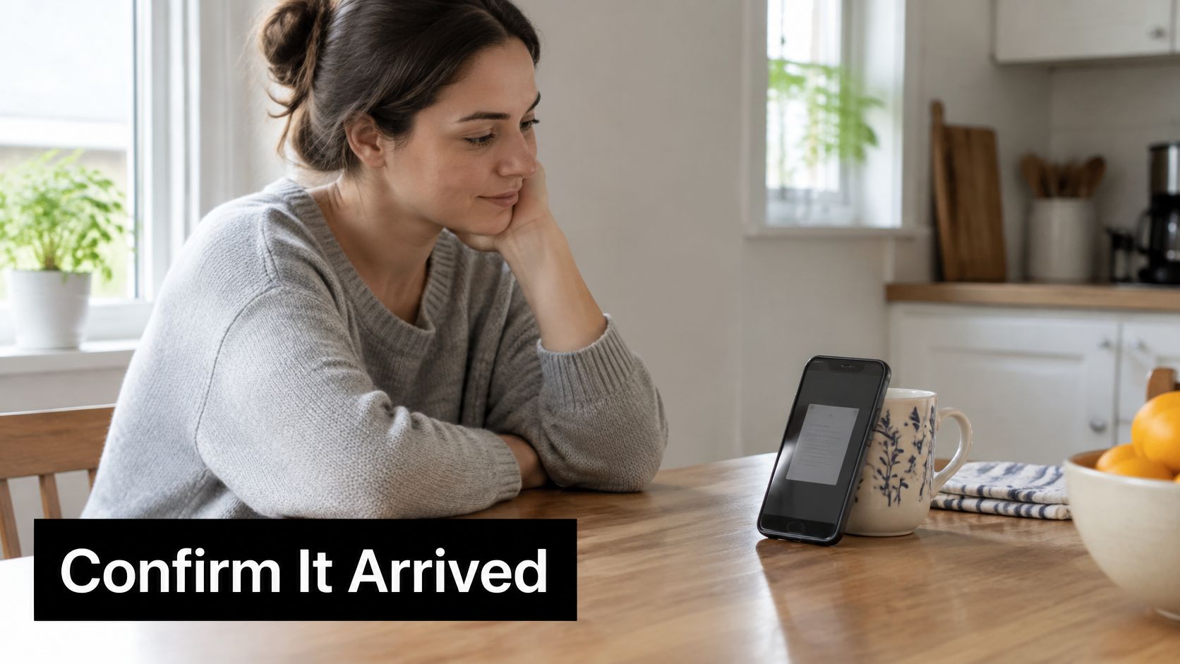 A young woman sits at a wooden table looking at a smartphone propped against a mug.