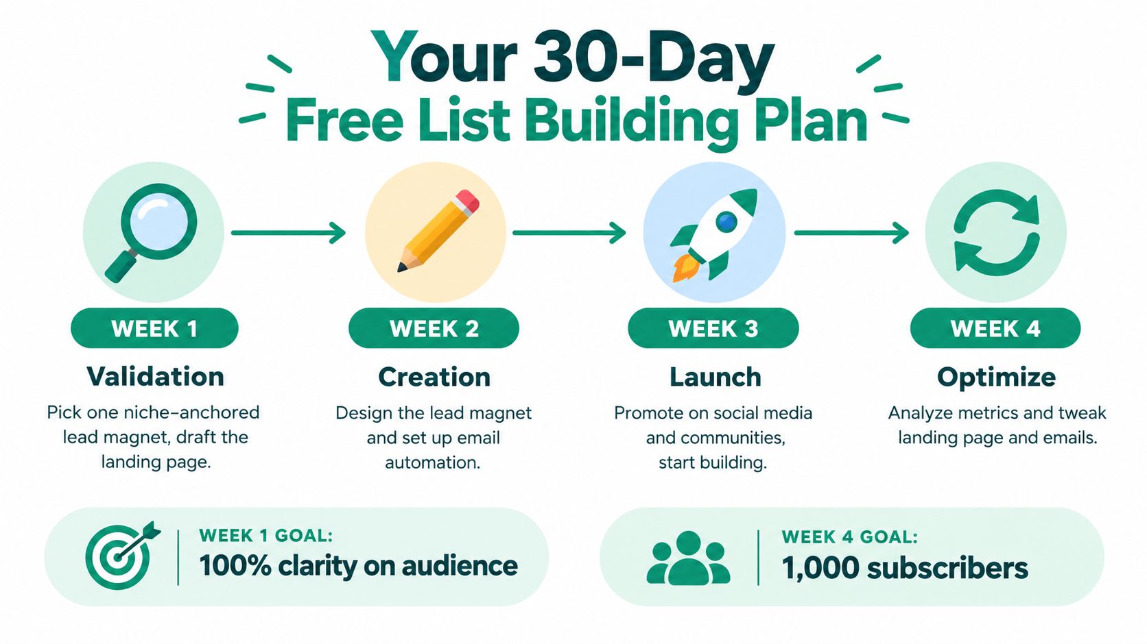 A 30-day plan infographic illustrating steps to build an email list, from validation to optimization.