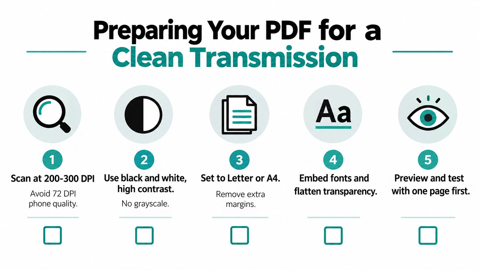 An infographic titled Preparing Your PDF for a Clean Transmission, illustrating five essential steps for document scanning.