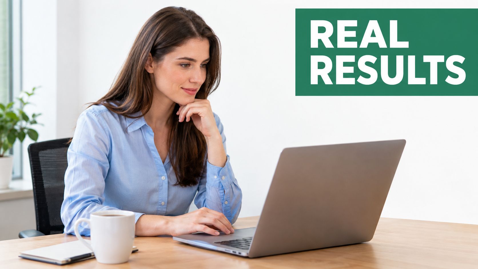 A smiling woman in a blue shirt works on her laptop at a desk with coffee.