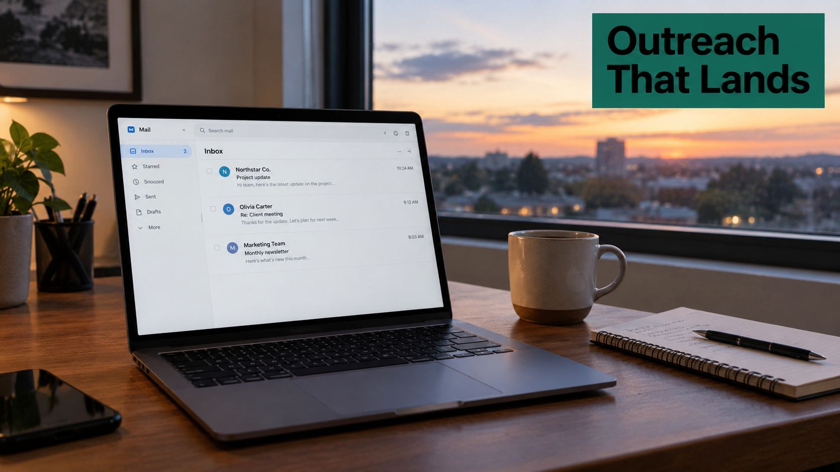 A modern laptop displaying an email inbox on a desk overlooking a beautiful sunset city view.