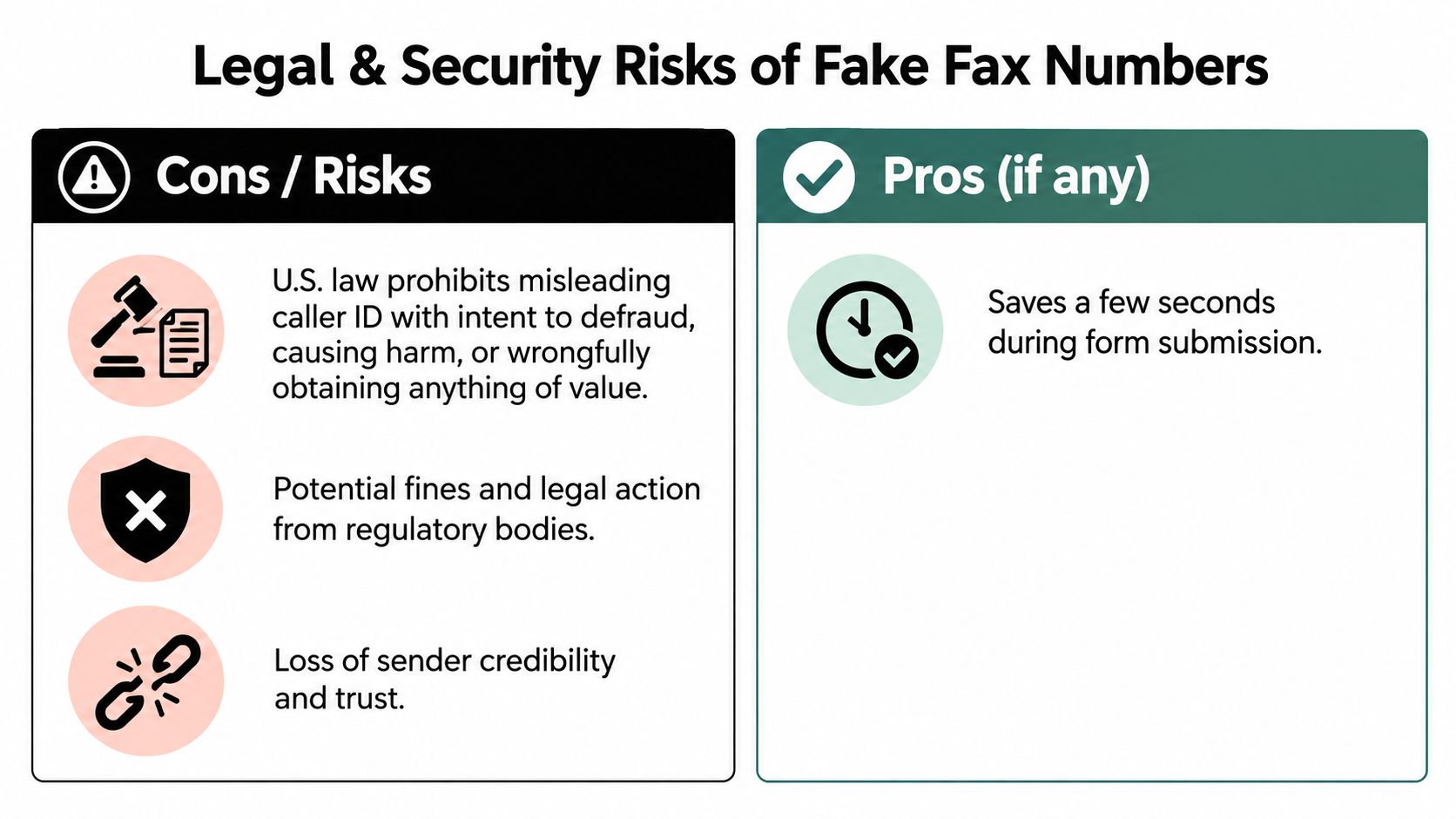 A comparison chart outlining the legal and security risks versus the minor benefits of using fake fax numbers.