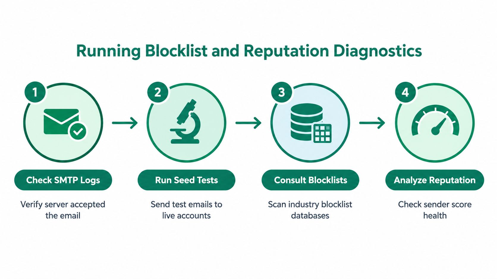 A four-step infographic illustrating the process for running blocklist and reputation diagnostics for email deliverability.