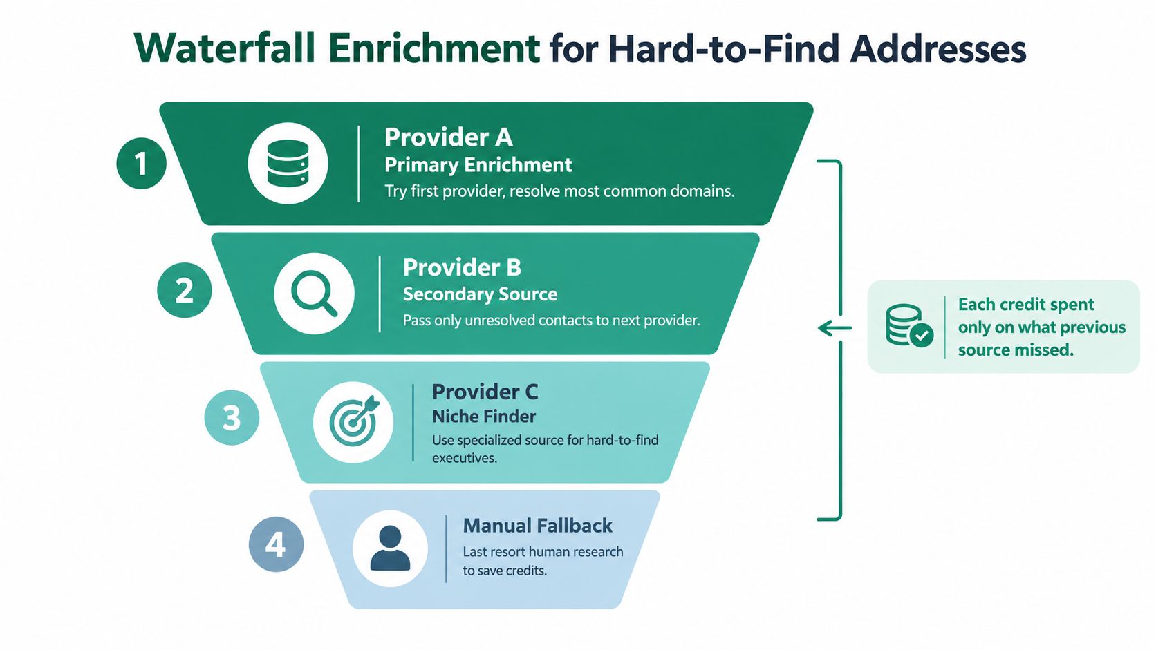 A diagram illustrating the four-step waterfall enrichment process for finding professional email addresses for leads.