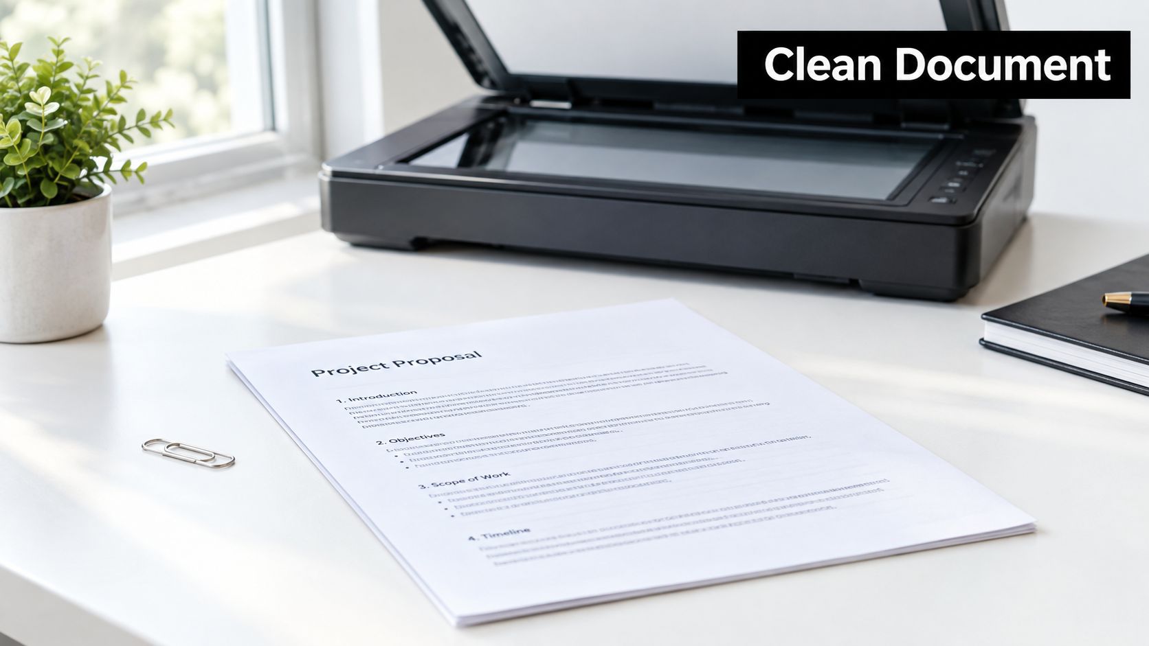 A document titled Project Proposal lies on a desk next to a scanner and a small plant.
