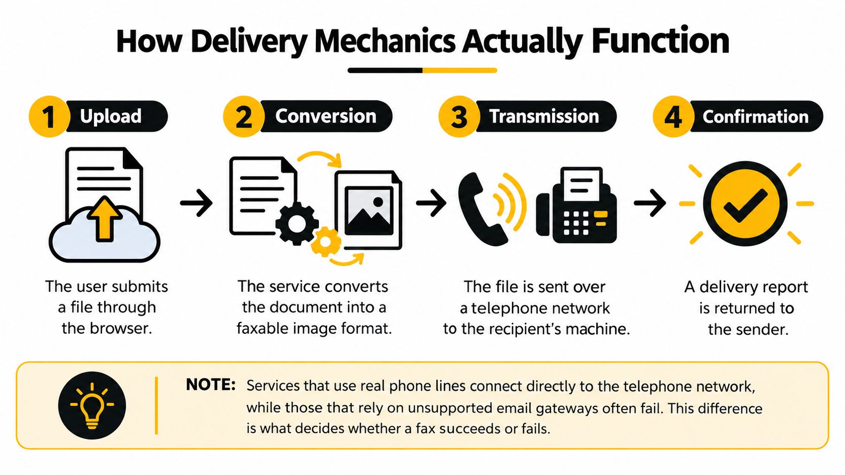 A four-step infographic illustrating how online fax delivery mechanics work from file upload to final confirmation.