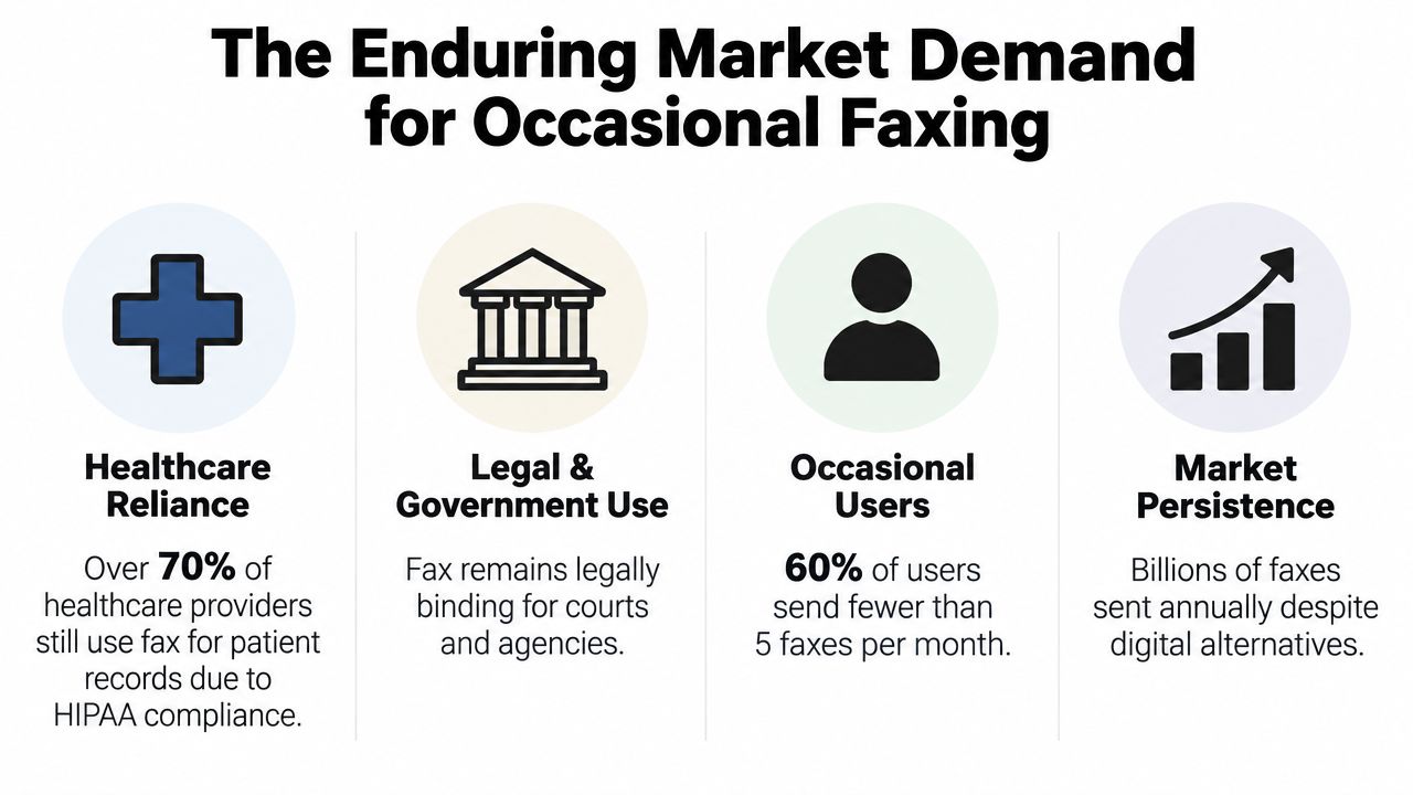 An infographic detailing market demand for occasional faxing in healthcare, legal, and government sectors.