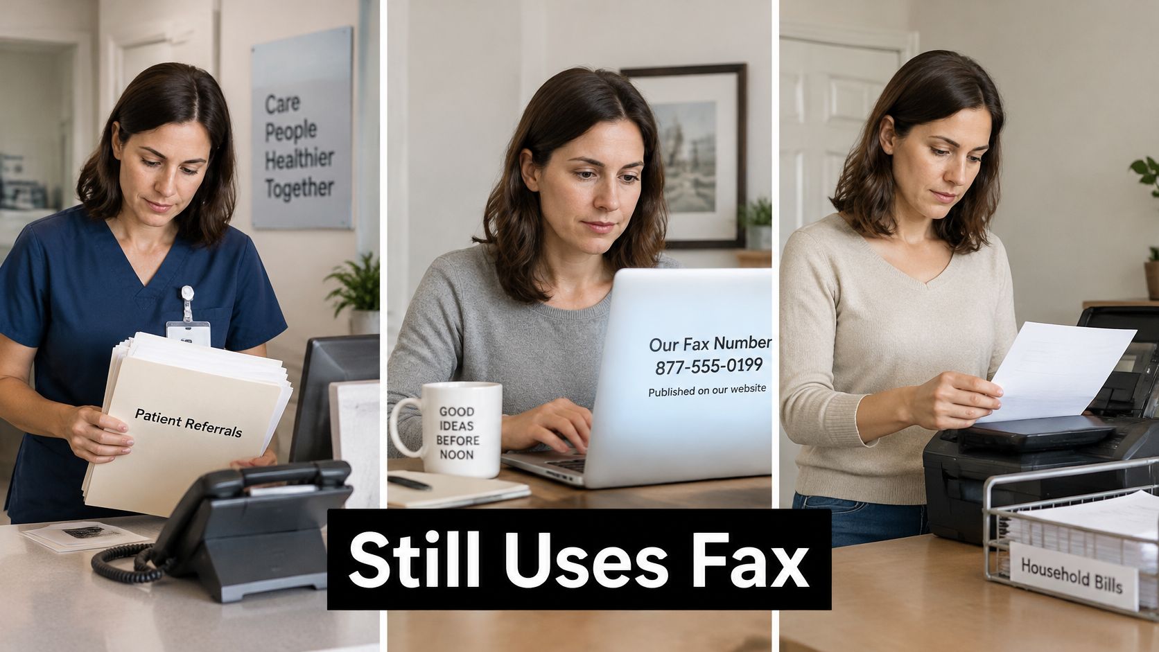 A collage showing a person handling patient referrals, using a laptop, and operating a fax machine.