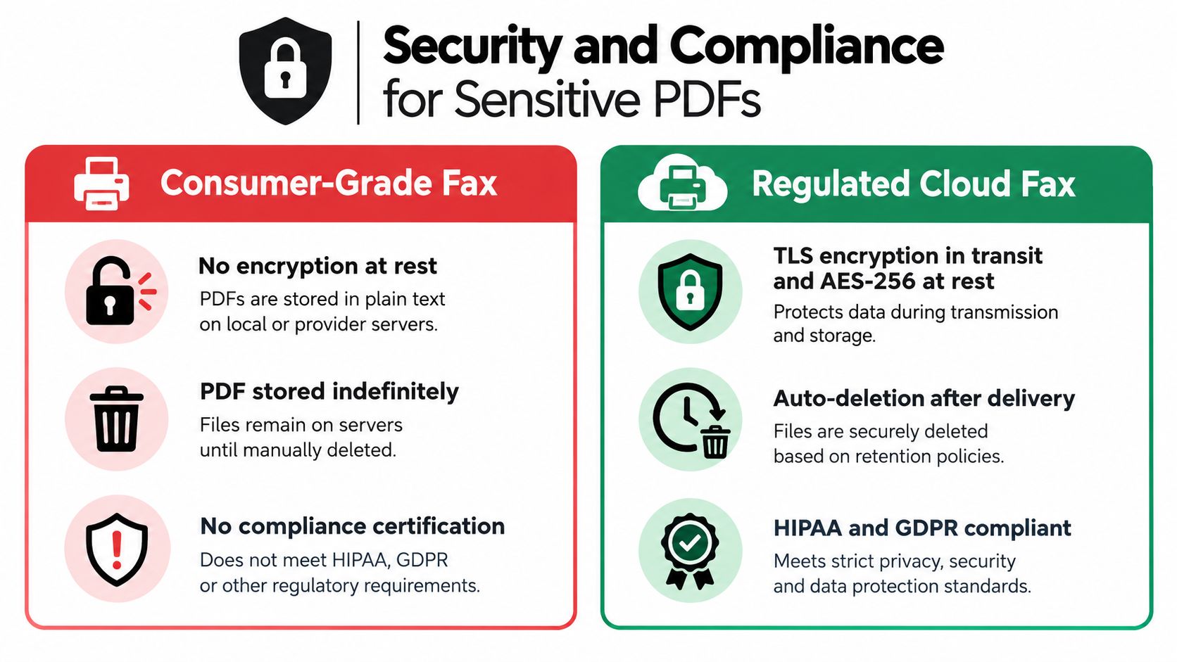 A comparison chart showing the security and compliance differences between consumer-grade fax and regulated cloud fax services.