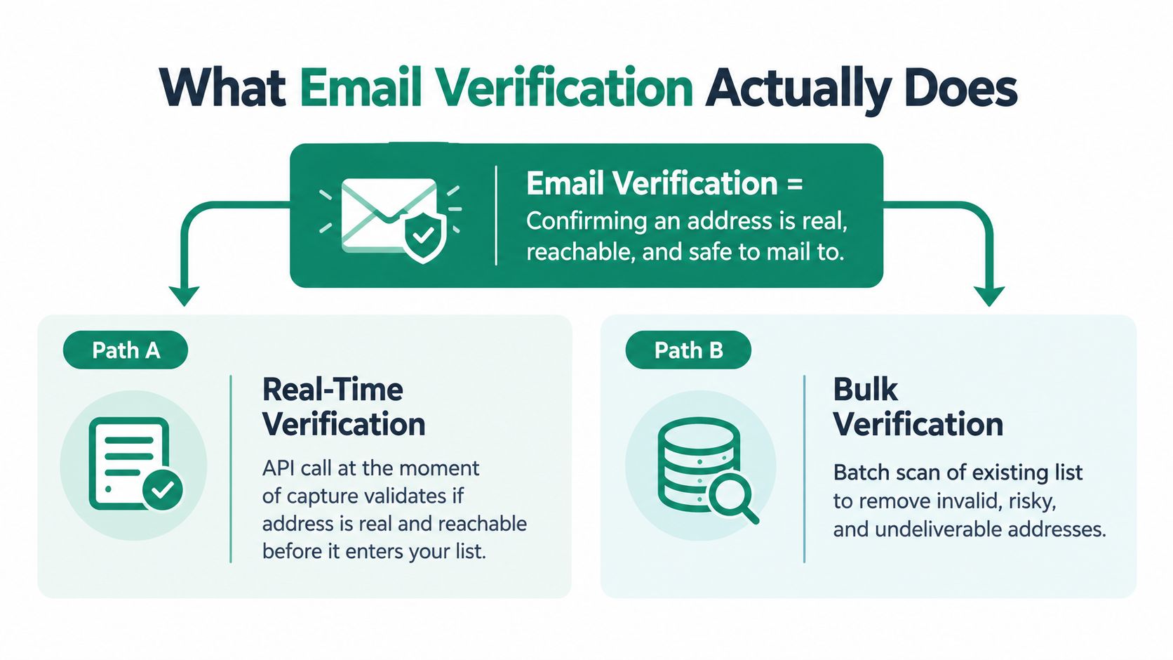 A diagram explaining that email verification confirms addresses are real, reachable, and safe using real-time or bulk methods.