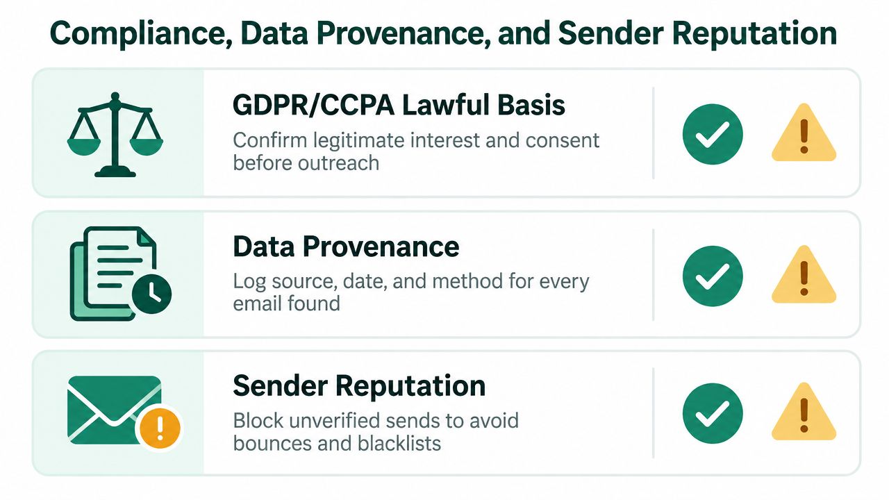 A diagram illustrating three key areas of lead outreach compliance: GDPR/CCPA law, data provenance, and sender reputation.