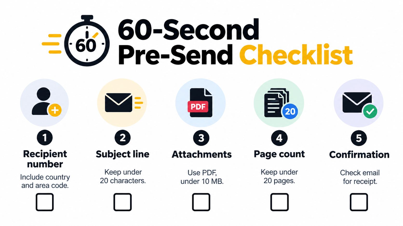 A 60-second pre-send checklist infographic outlining five steps for verifying faxes before transmission.