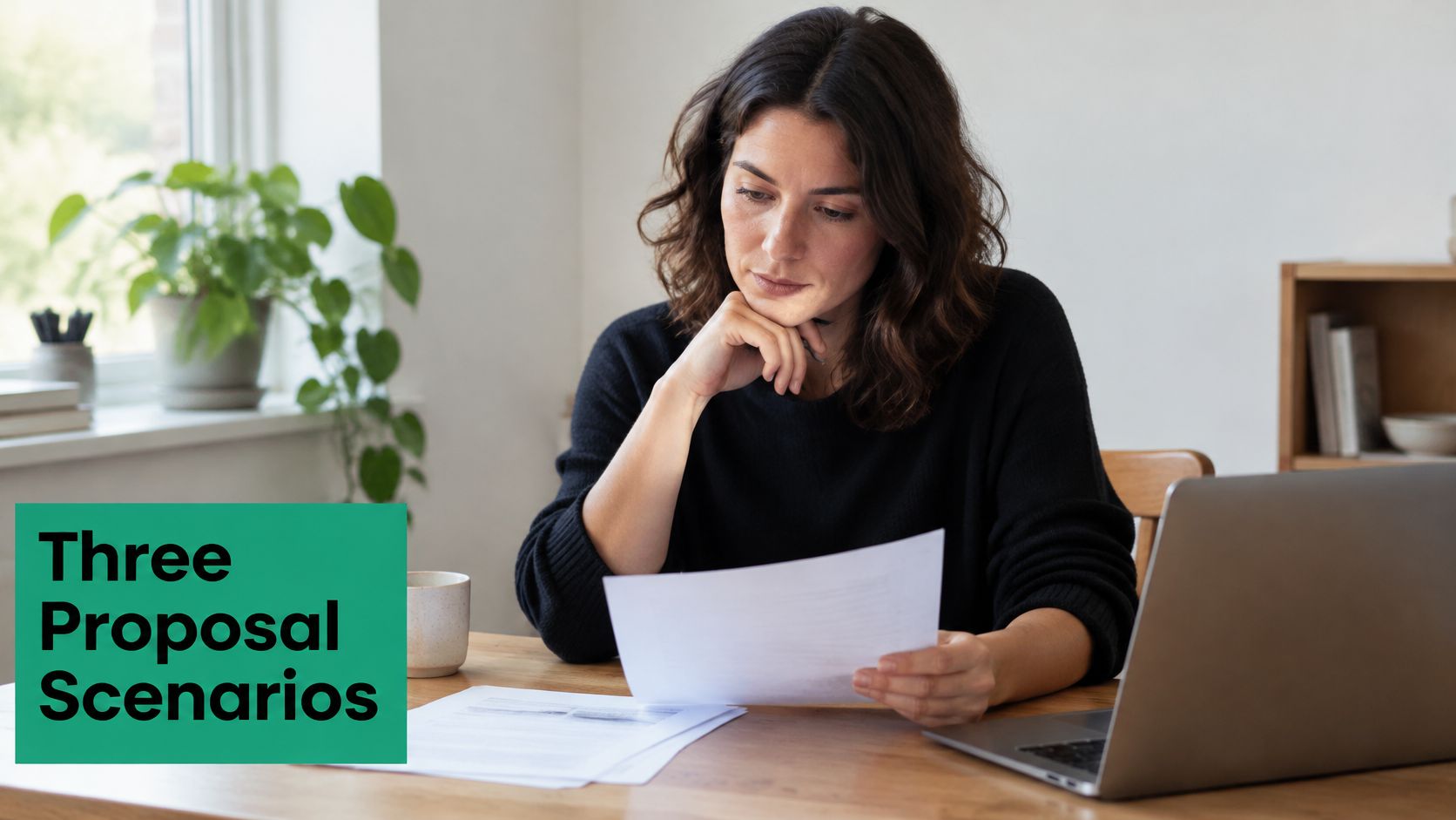 A focused woman reviewing business proposal documents at her desk with a laptop nearby in an office.