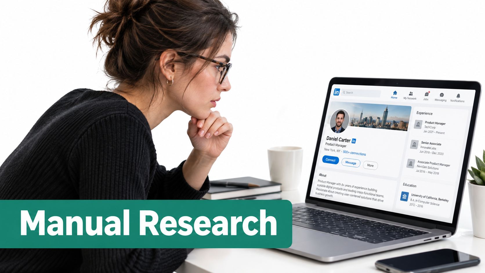 A woman focusing on a laptop screen displaying a LinkedIn professional profile for manual research tasks.