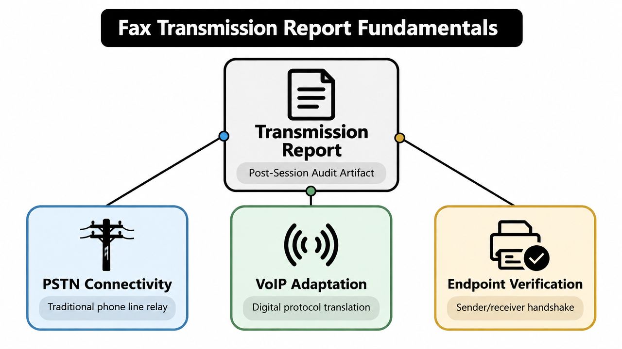 A diagram illustrating the fundamentals of a fax transmission report including PSTN connectivity, VoIP adaptation, and endpoint verification.