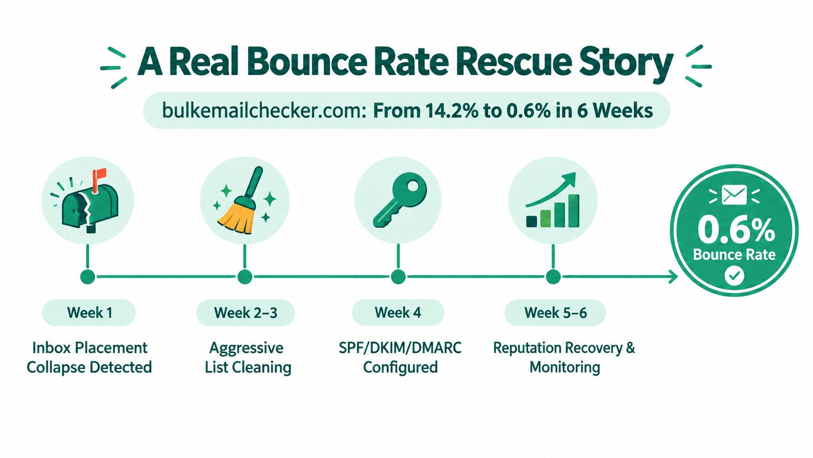 A timeline graphic showing the steps taken to reduce email bounce rate from 14.2% to 0.6%.