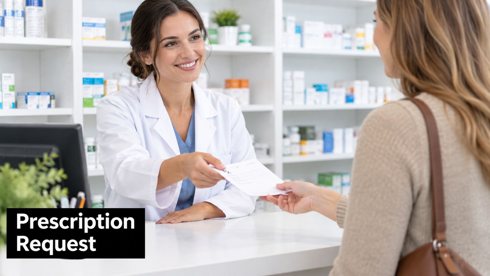 A friendly pharmacist handing a prescription paper to a customer at a pharmacy counter.